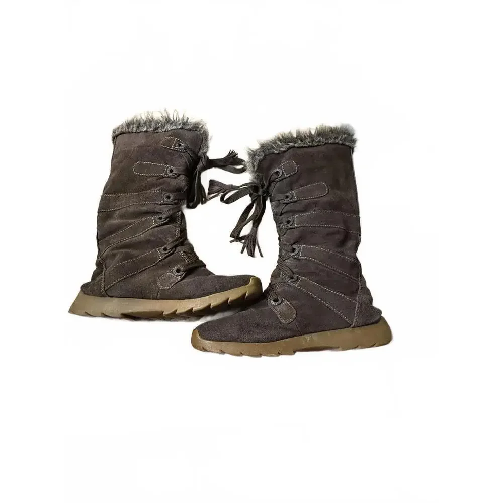 ****ZeroXposur Alpine Leather Boots Women's Sz 8 Brown Faux Fur Trim Lace Up